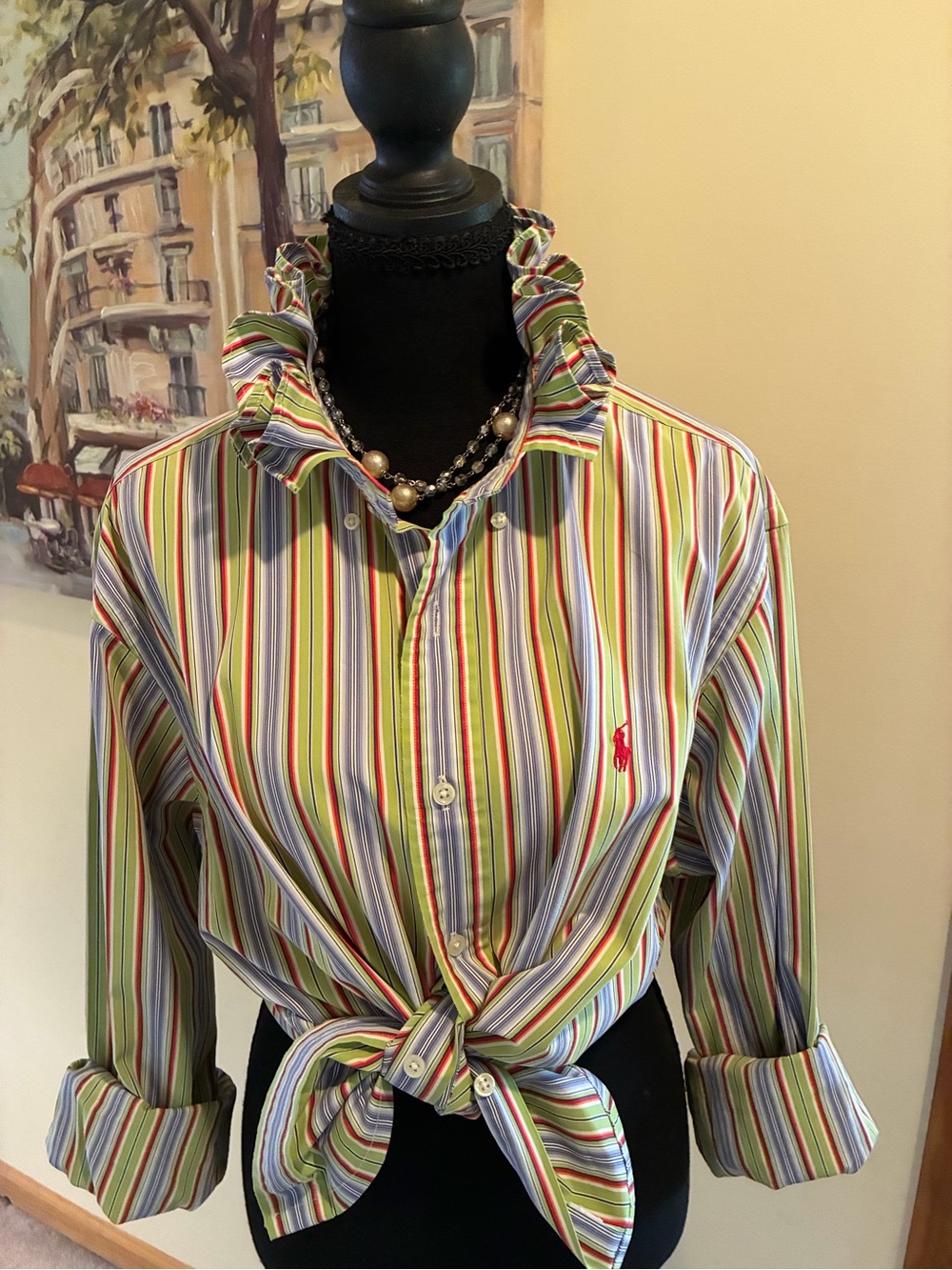 Ralph Lauren Multicolor Striped Ruffle Collar Button-Down Top